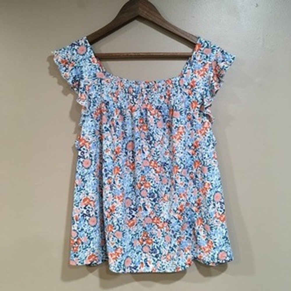 Melloday Floral Peasant Blouse Womens XL Blue Orange Cottage Milkmaid Feminine
